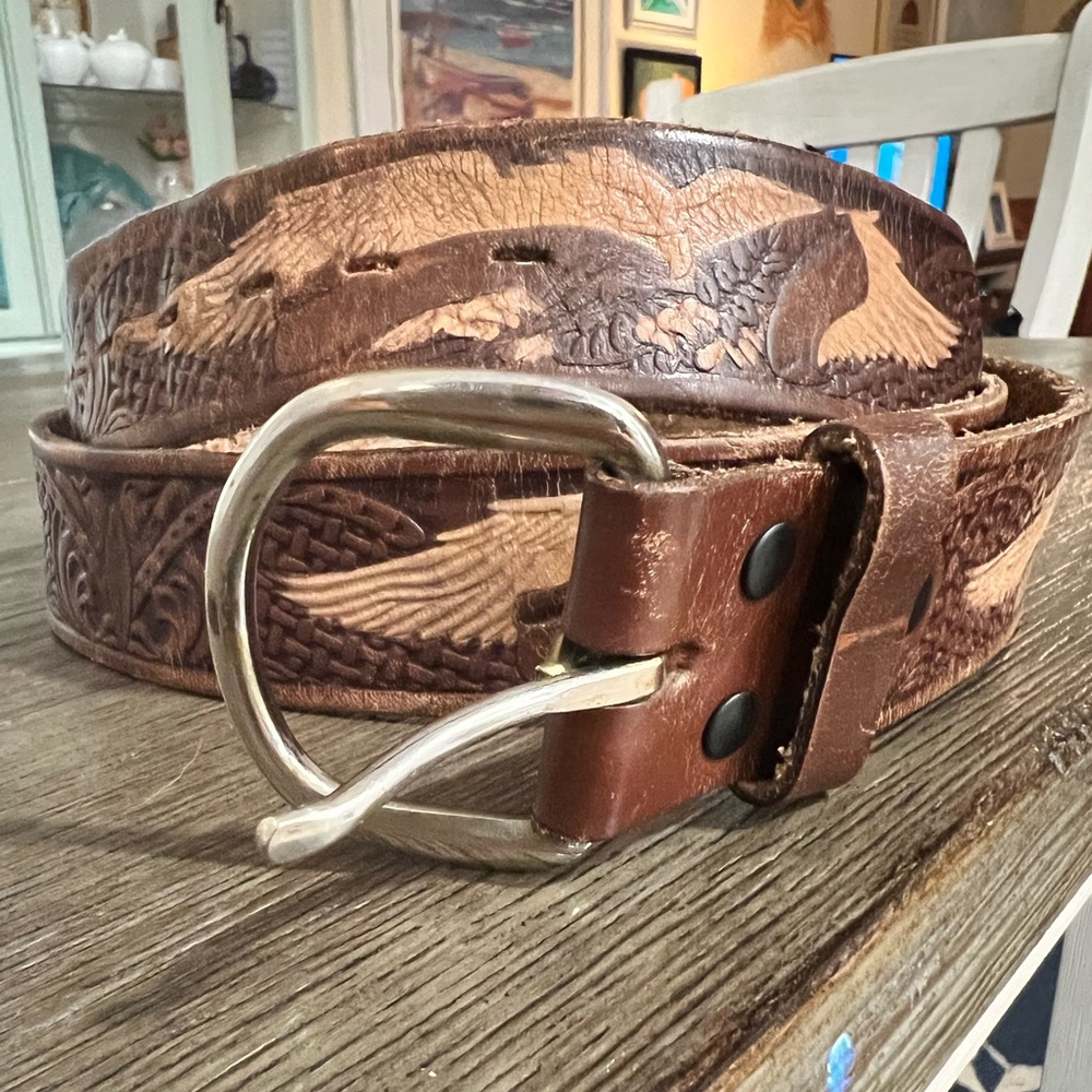 Western Belt Handcrafted Leather Eagles Silver Buckle Size 38